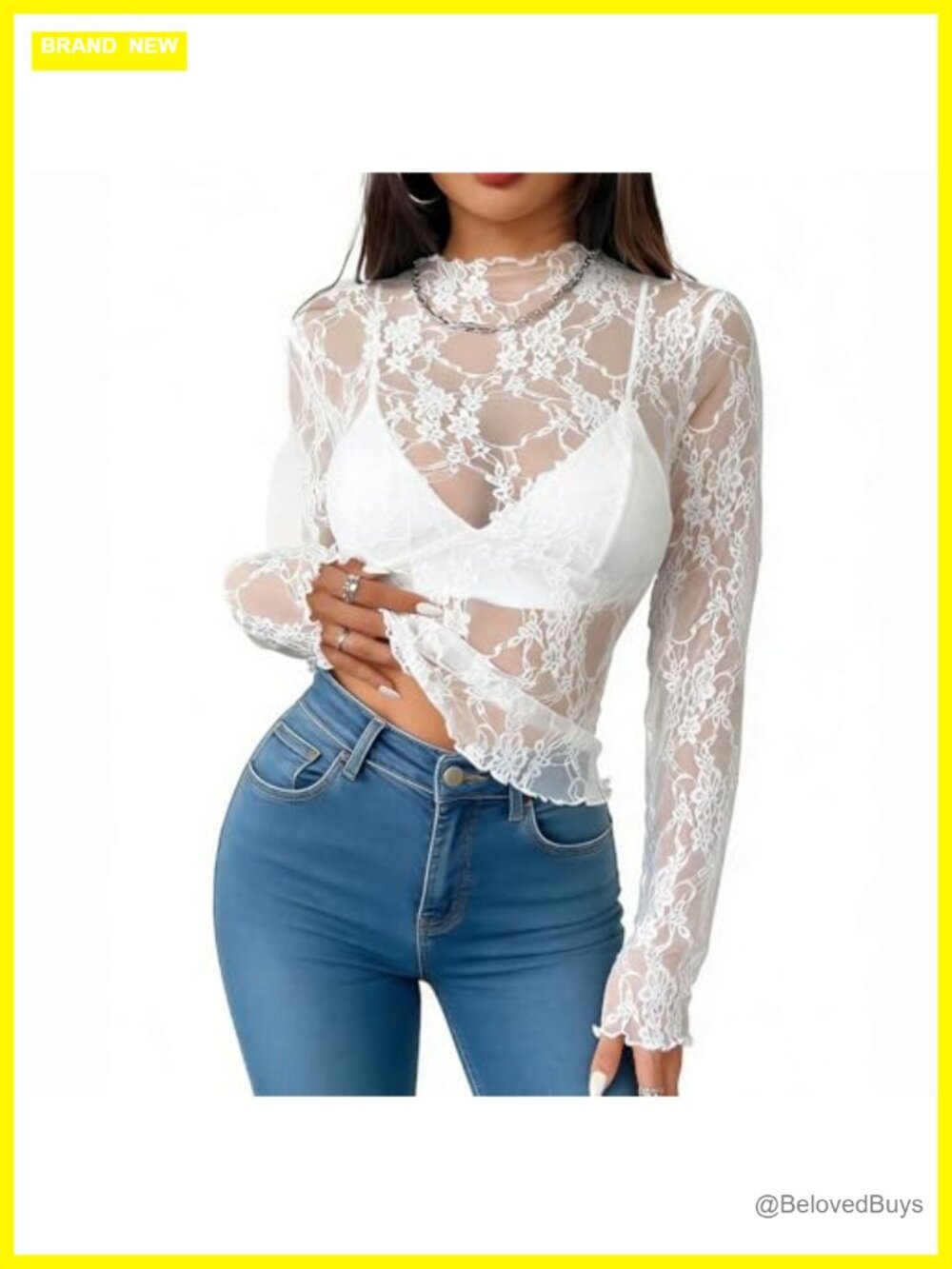 Women's Lace Mesh Top Long Sleeve Sheer Slim Fit Blouse